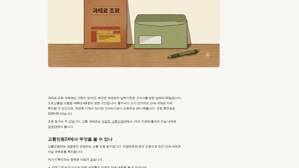 과태료 조회 반영 시점을 설명하는 벌점과태료 안내 화면