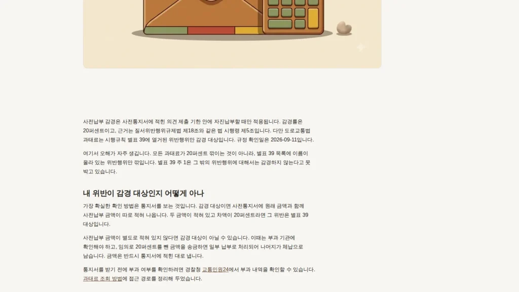 과태료 20퍼센트 감경 기준을 설명하는 벌점과태료 안내 화면