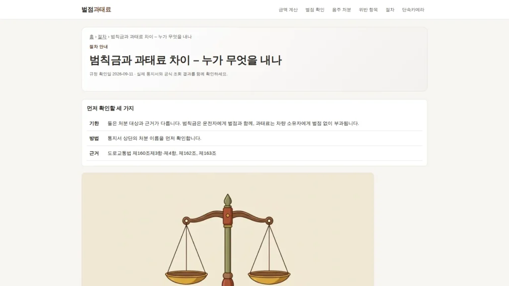 범칙금과 과태료의 차이를 비교하는 벌점과태료 안내 화면