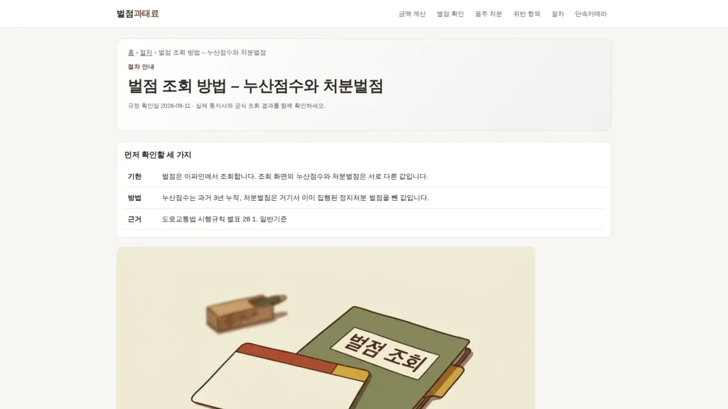 운전면허 처분벌점과 누산점수 조회를 보여 주는 벌점과태료 화면