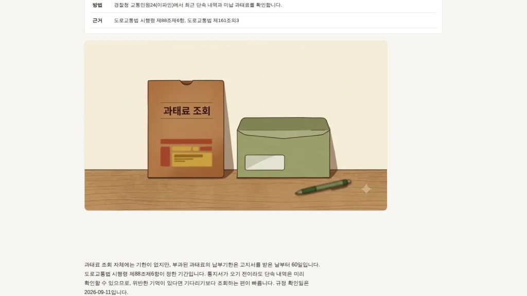 교통민원24 최근 단속 내역과 반영 시점을 보여 주는 벌점과태료 안내 화면