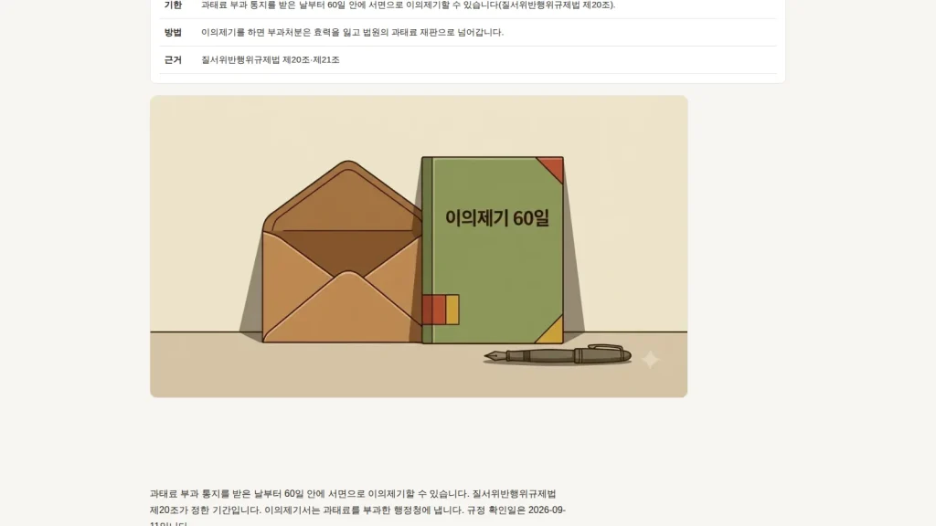 과태료 사전통지 의견 제출과 이의제기 절차를 보여 주는 안내 화면