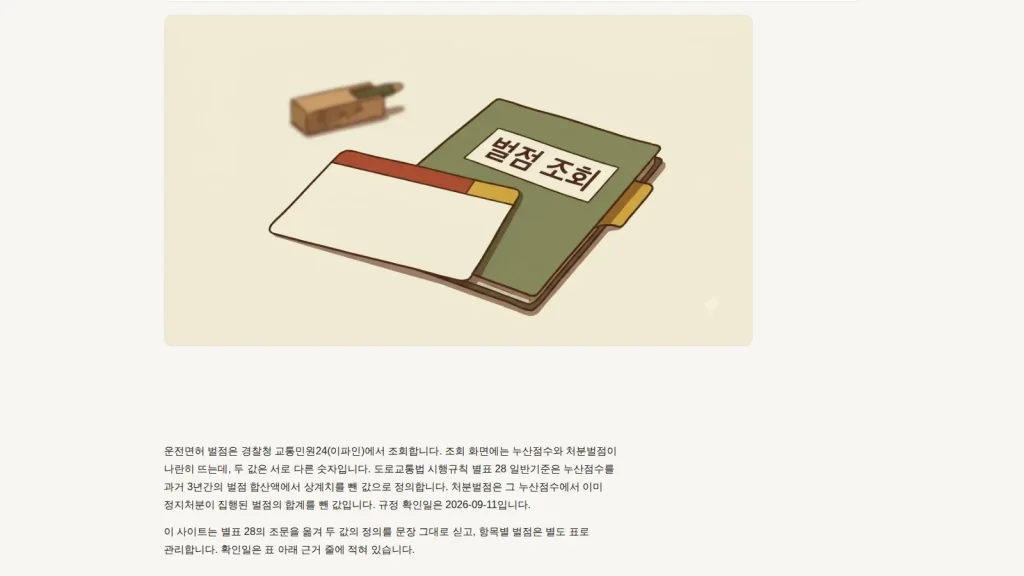 운전면허 벌점과 정지기간 기준을 보여 주는 벌점과태료 안내 화면